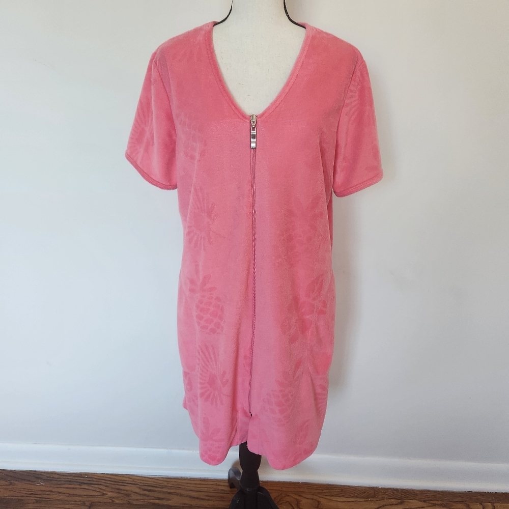 Coral Bay Intimates Short Sleeve Zip Front Terry Robe/Beach Cover Pockets Pink M - Picture 2 of 14